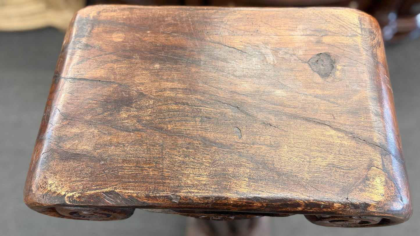 A classical wooden architectural pedestal featuring a carved Ionic scroll capital with floral motifs, a fluted shaft, and a square plinth base in excellent condition.