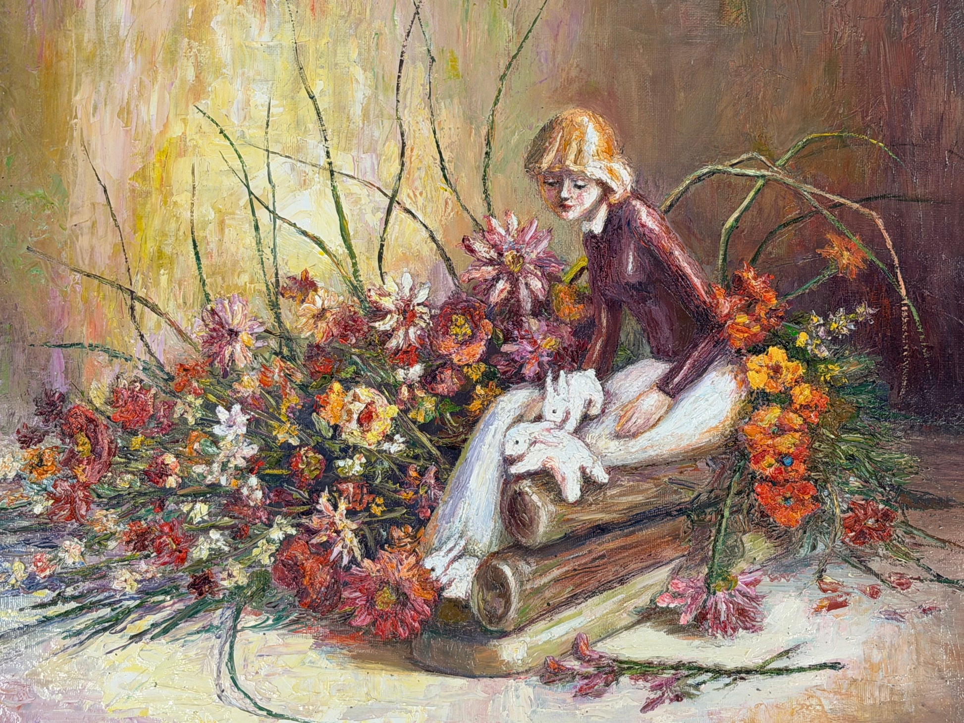 A textured vertical painting featuring a figure surrounded by tall floral blooms and scrolls in a molded gold-leaf frame with a linen liner in excellent condition.