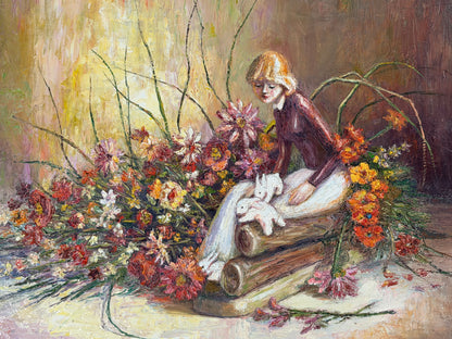 A textured vertical painting featuring a figure surrounded by tall floral blooms and scrolls in a molded gold-leaf frame with a linen liner in excellent condition.