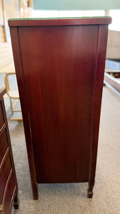 A minimalist modern 5-drawer tallboy chest in light cerused oak featuring handle-less recessed drawer fronts in good condition.