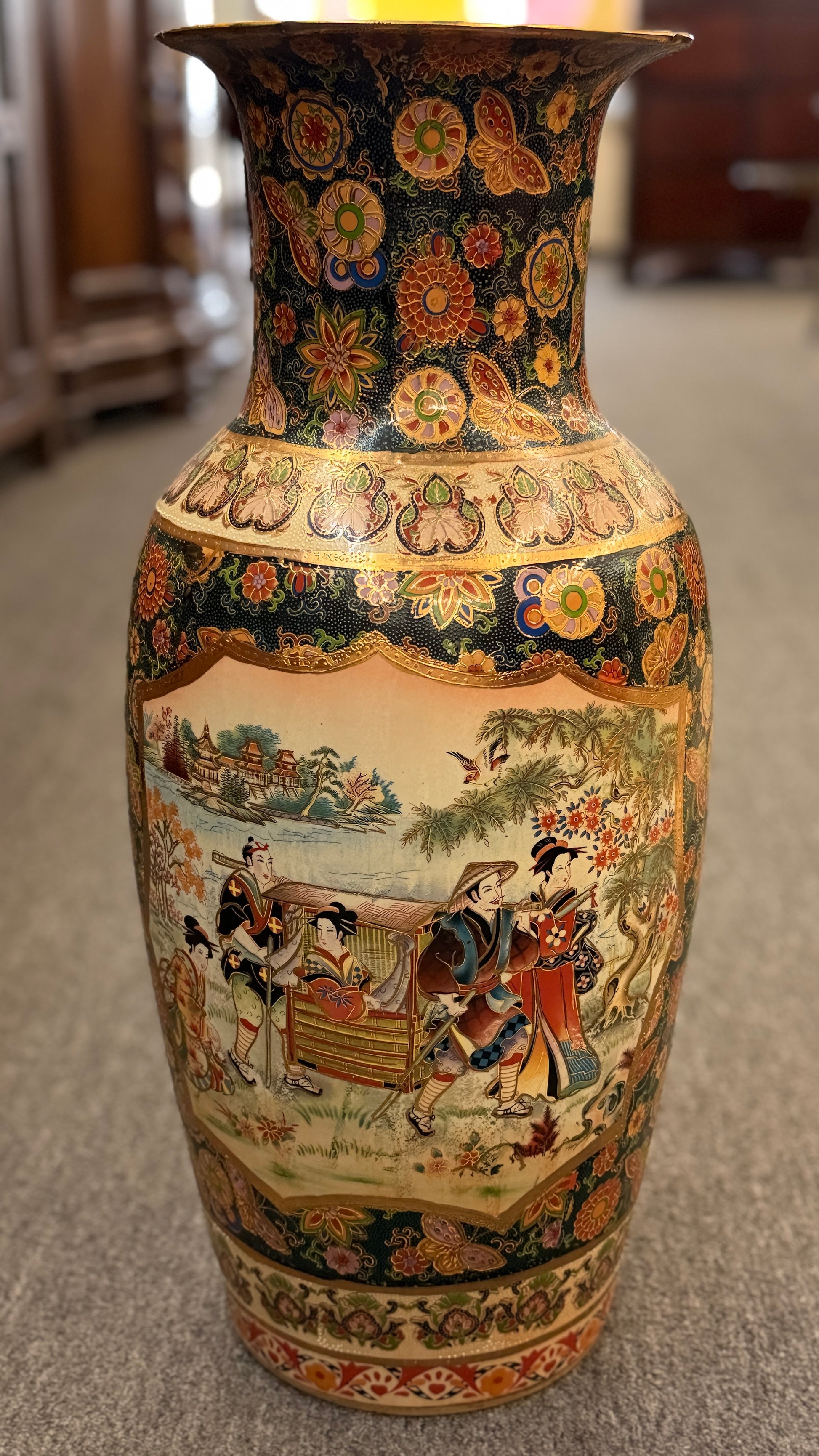 Traditional Asian ceramic vase featuring Japanese Bijin, floral, and butterfly motifs at 2nd Debut Houston consignment showroom