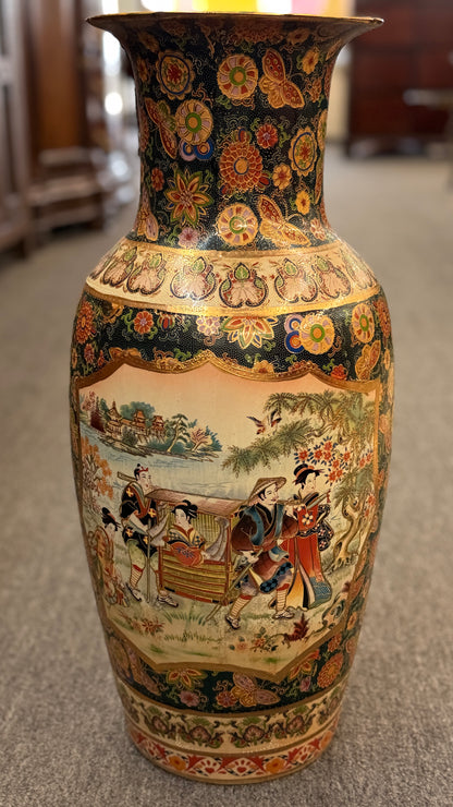 Traditional Asian ceramic vase featuring Japanese Bijin, floral, and butterfly motifs at 2nd Debut Houston consignment showroom