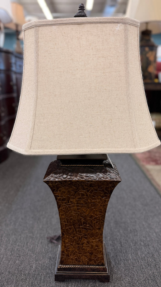 Traditional bronze crackle trumpet table lamp with square bell fabric shade at 2nd Debut Houston consignment showroom
