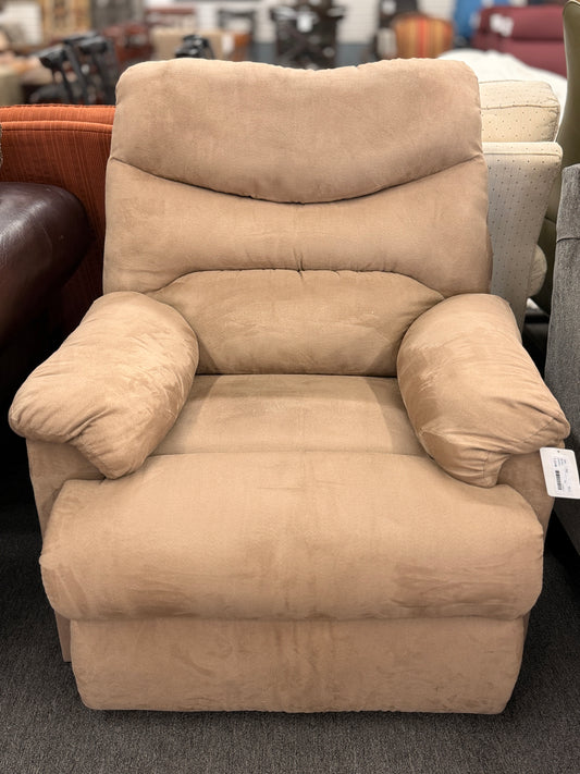 Casual plush fabric manual recliner armchair with overstuffed segmented back and pillow arms at 2nd Debut Houston consignment showroom