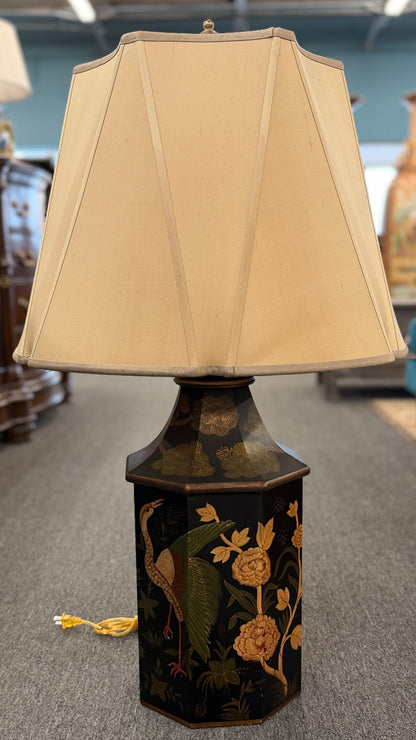 A 37-inch decorative table lamp featuring a tapered hexagonal metal base painted with traditional cranes and flowers, topped with a structured beige fabric shade.