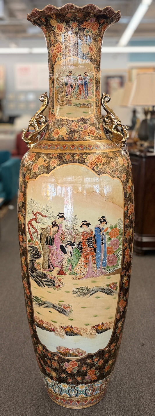 Traditional Chinoiserie gold ceramic 72 inch floor vase with ornate handles and historic figures design at 2nd Debut Houston consignment showroom