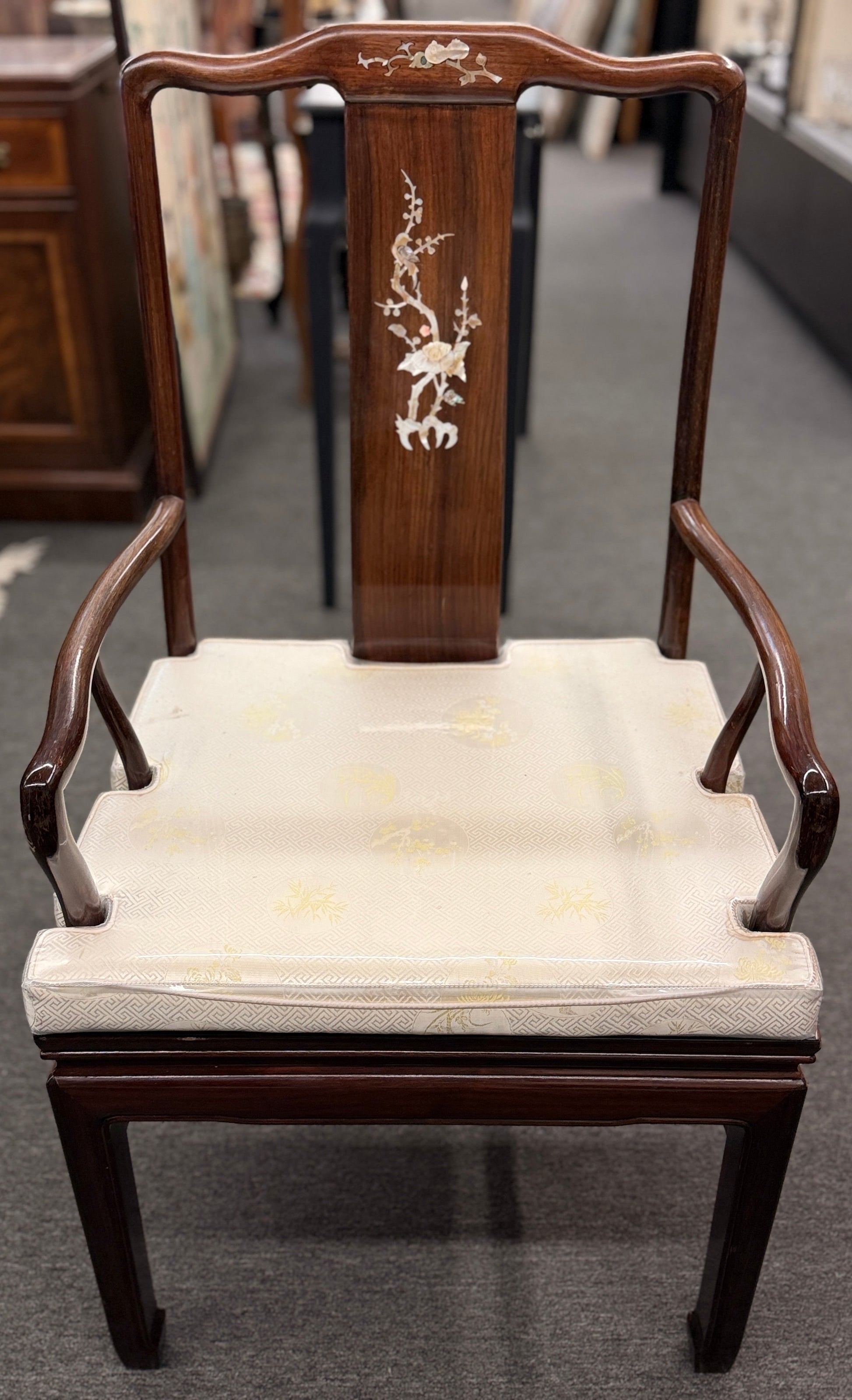 Chinoiserie inlaid wood 9pc oval dining set featuring a glass top table and mother of pearl detail at 2nd Debut Houston consignment showroom