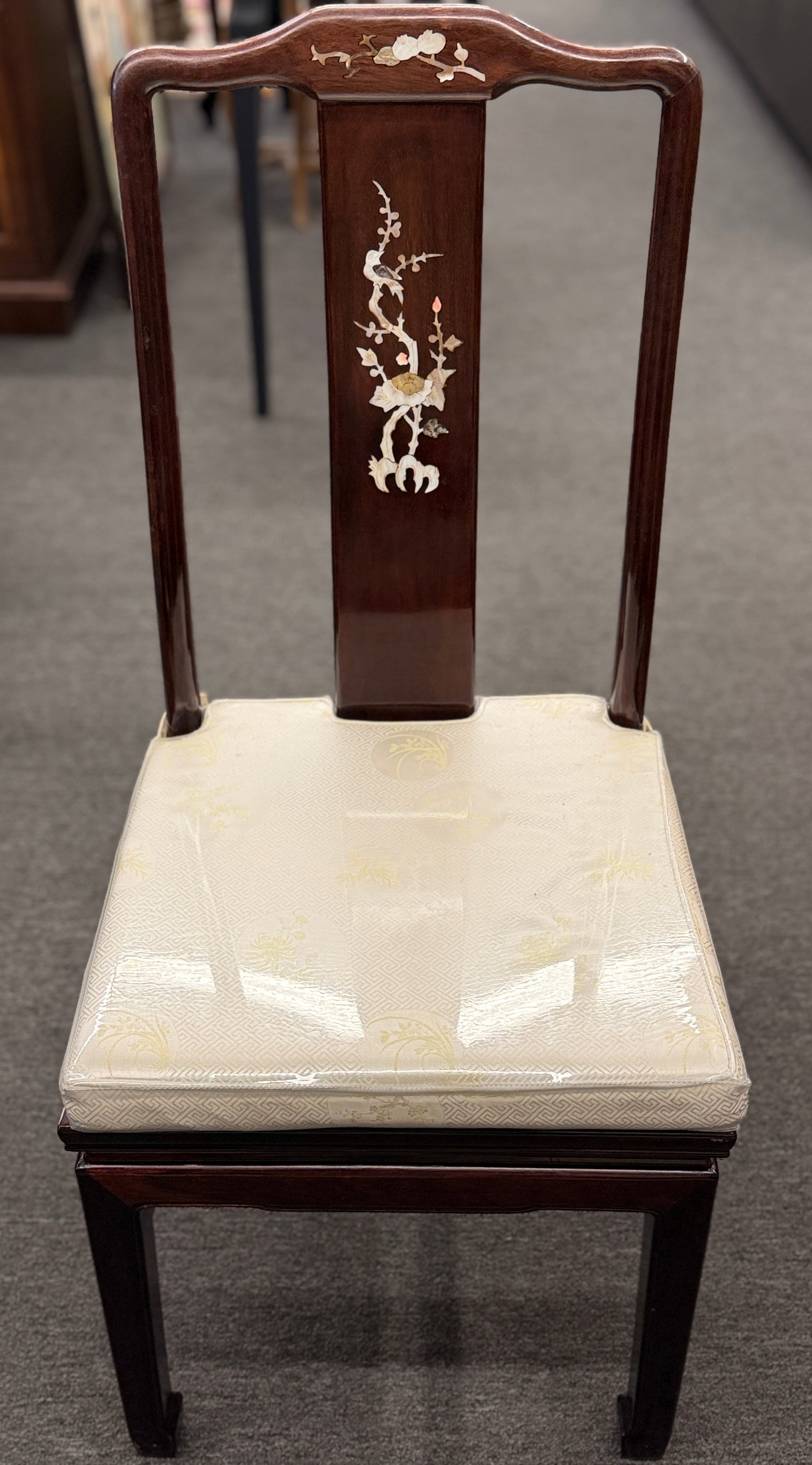 Chinoiserie inlaid wood 9pc oval dining set featuring a glass top table and mother of pearl detail at 2nd Debut Houston consignment showroom