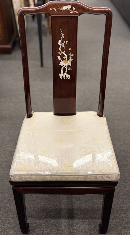 Chinoiserie inlaid wood 9pc oval dining set featuring a glass top table and mother of pearl detail at 2nd Debut Houston consignment showroom