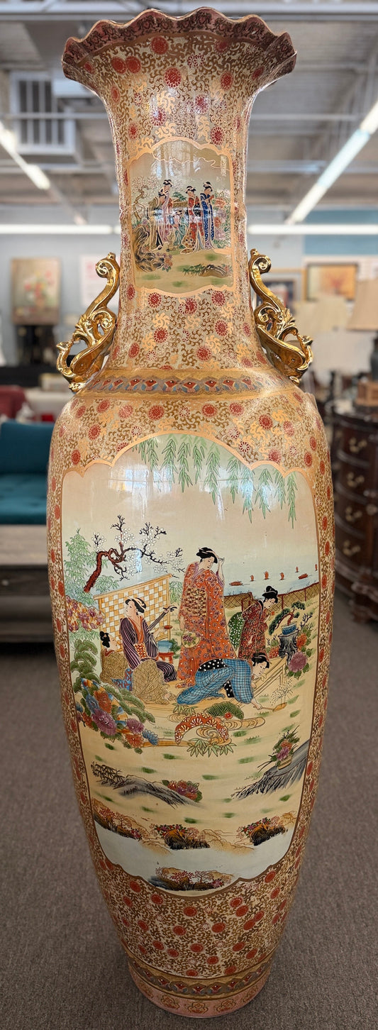 Traditional Chinoiserie scenic 73 inch floor vase featuring cherry blossoms and weeping willow design at 2nd Debut Houston consignment showroom