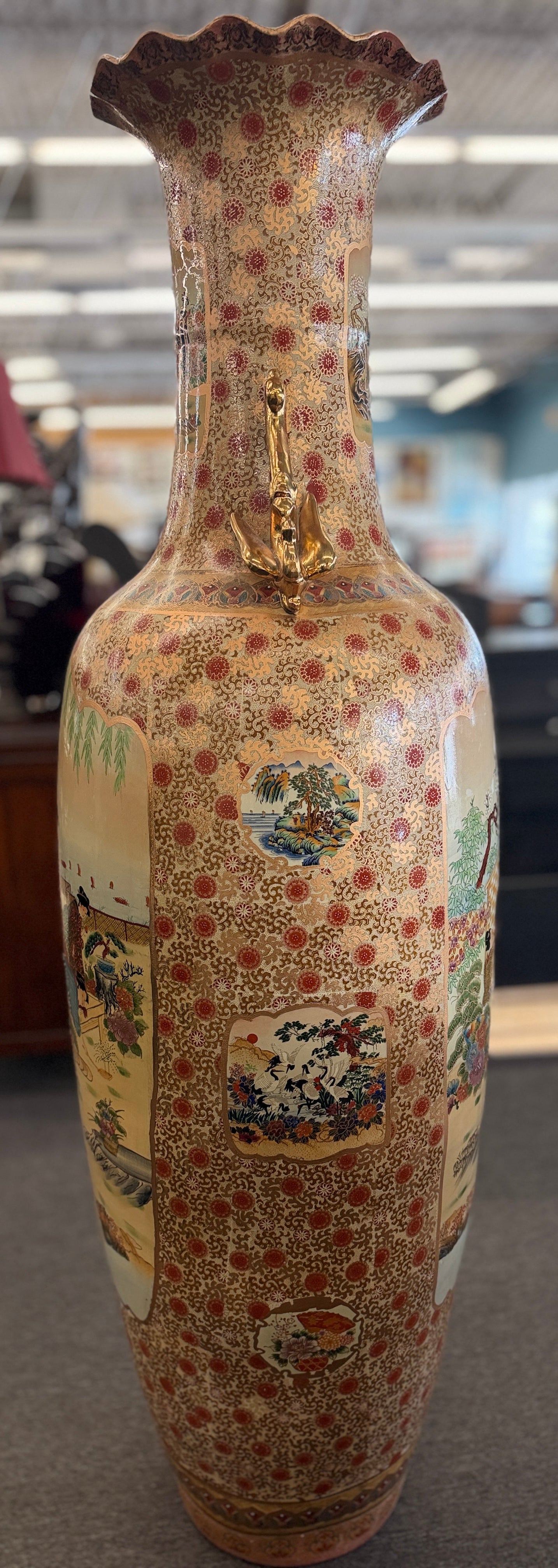 Traditional Chinoiserie scenic 73 inch floor vase featuring cherry blossoms and weeping willow design at 2nd Debut Houston consignment showroom