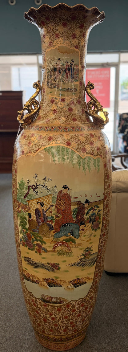 Traditional Chinoiserie scenic 73 inch floor vase featuring cherry blossoms and weeping willow design at 2nd Debut Houston consignment showroom