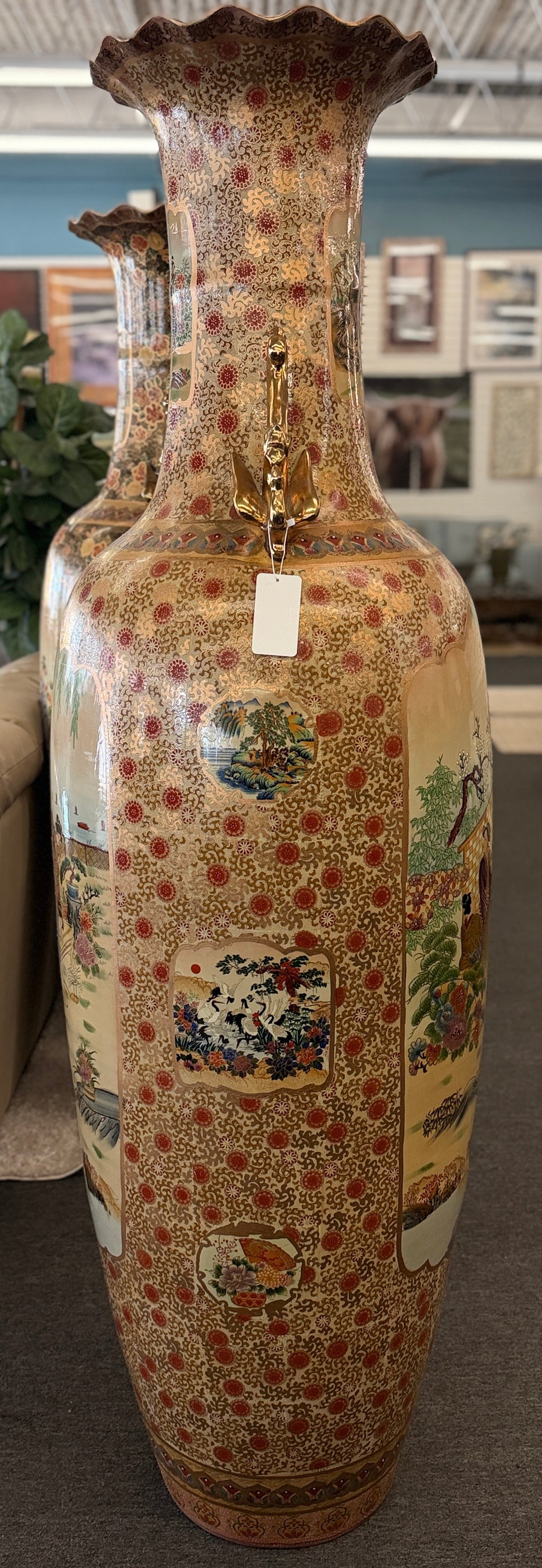 Traditional Chinoiserie scenic 73 inch floor vase featuring cherry blossoms and weeping willow design at 2nd Debut Houston consignment showroom