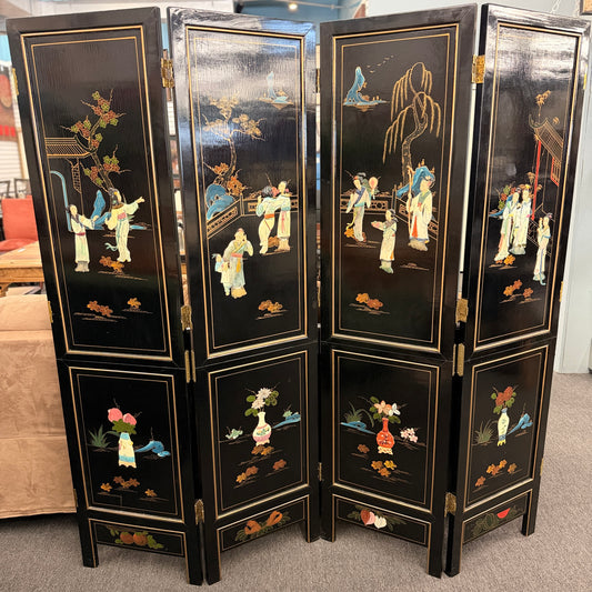 Traditional Chinoiserie multi panel wood folding room divider and privacy screen featuring intricate decorative designs on a carpeted floor at 2nd Debut Houston consignment showroom