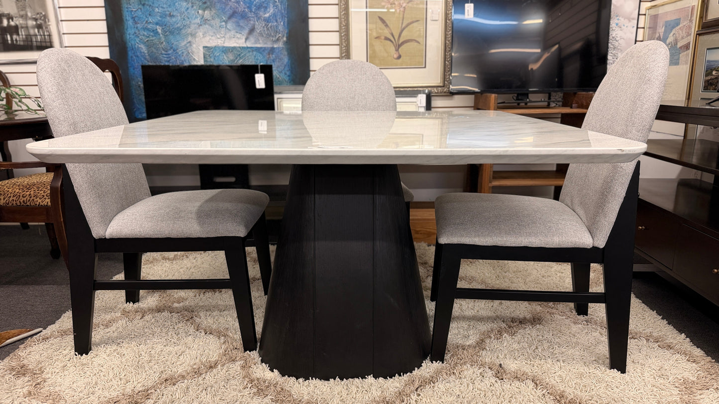 A contemporary 5-piece dining set featuring a square dining table with a glossy stone-look top and four tall upholstered matching chairs.