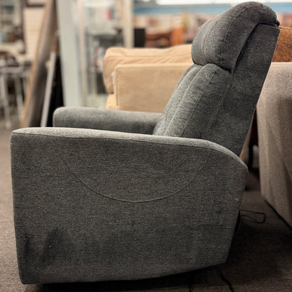 A contemporary high-back power recliner armchair upholstered in heather-gray woven fabric featuring segmented back cushioning and padded track arms in excellent condition.