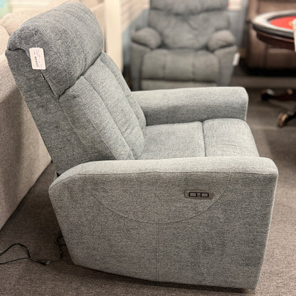 A contemporary high-back power recliner armchair upholstered in heather-gray woven fabric featuring segmented back cushioning and padded track arms in excellent condition.
