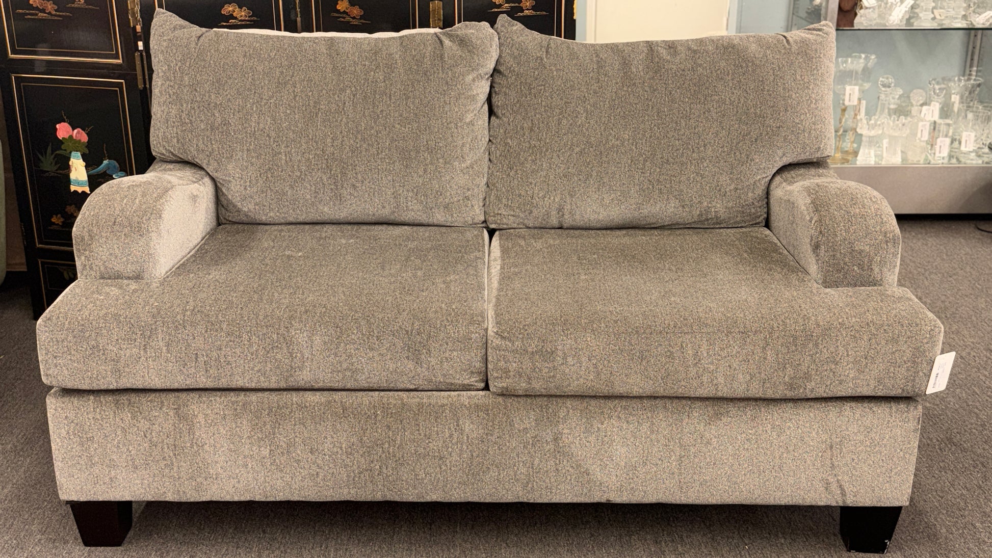 Contemporary low profile deep seat loveseat with wide track arms in a gray upholstery fabric at 2nd Debut Houston consignment showroom