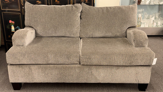 Contemporary low profile deep seat loveseat with wide track arms in a gray upholstery fabric at 2nd Debut Houston consignment showroom
