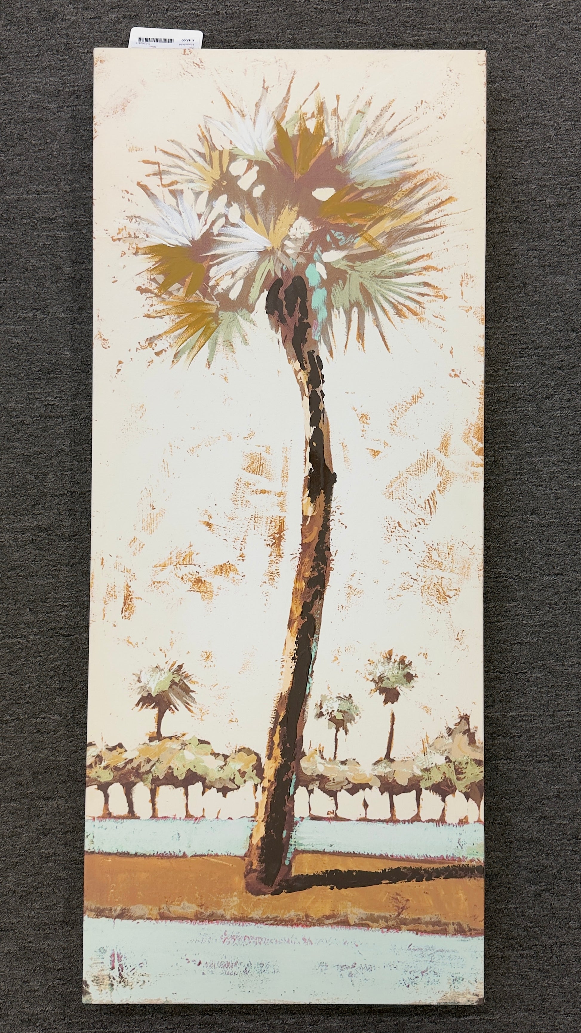 A tall narrow canvas painting depicting a prominent palm tree against a horizon of smaller trees in earthy green, brown, and pale blue tones.