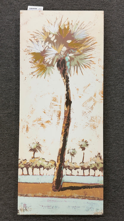 A tall narrow canvas painting depicting a prominent palm tree against a horizon of smaller trees in earthy green, brown, and pale blue tones.