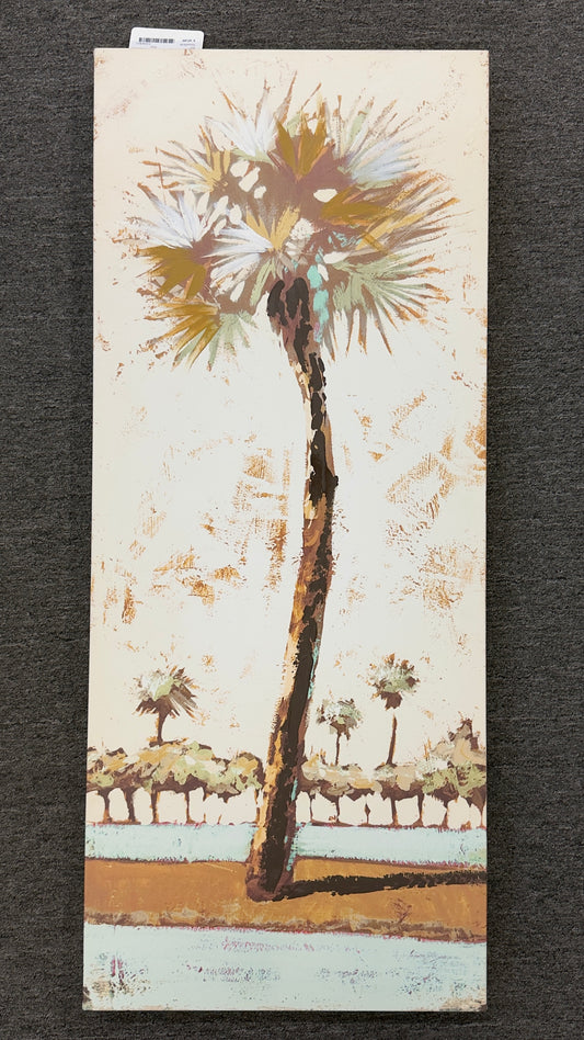 A tall narrow canvas painting depicting a prominent palm tree against a horizon of smaller trees in earthy green, brown, and pale blue tones.