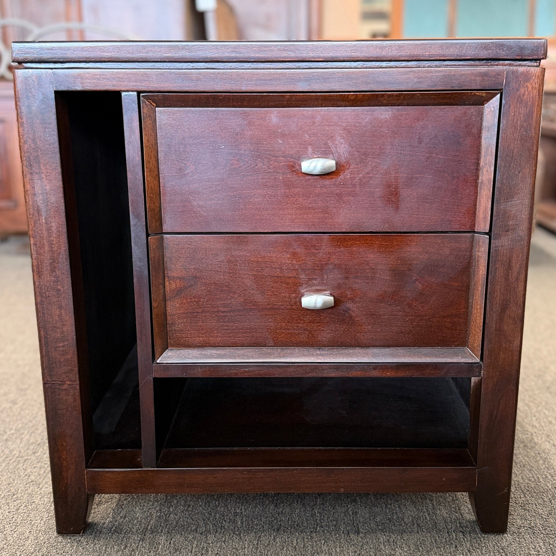 Contemporary espresso wood end table and nightstand featuring an asymmetrical open shelf and two drawers at 2nd Debut Houston consignment showroom