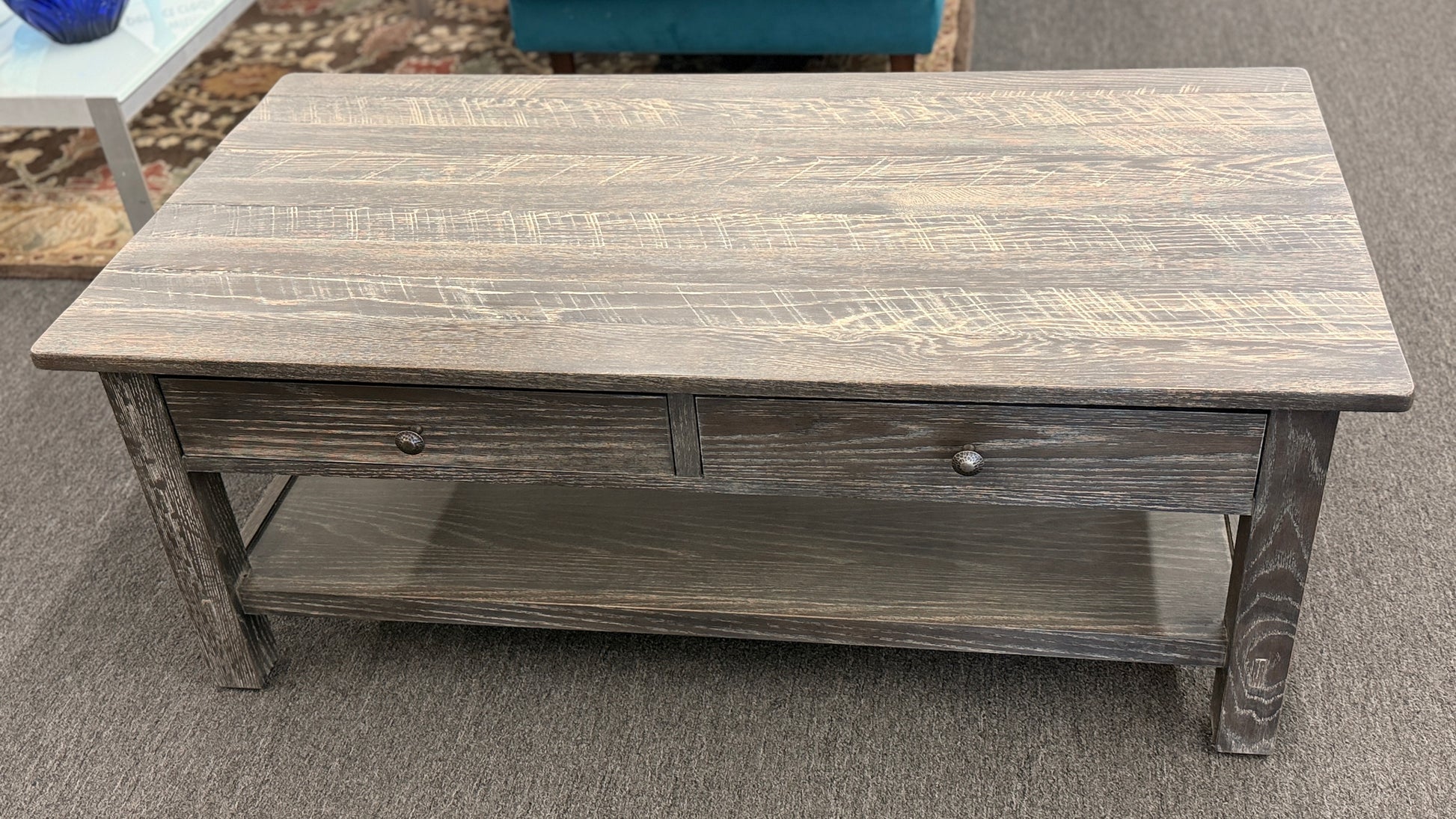 Ethan Allen rustic farmhouse grey wood coffee table with two drawers and lower display shelf at 2nd Debut Houston consignment showroom