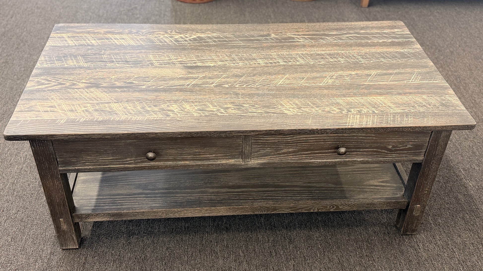 Ethan Allen rustic farmhouse grey wood coffee table with two drawers and lower display shelf at 2nd Debut Houston consignment showroom