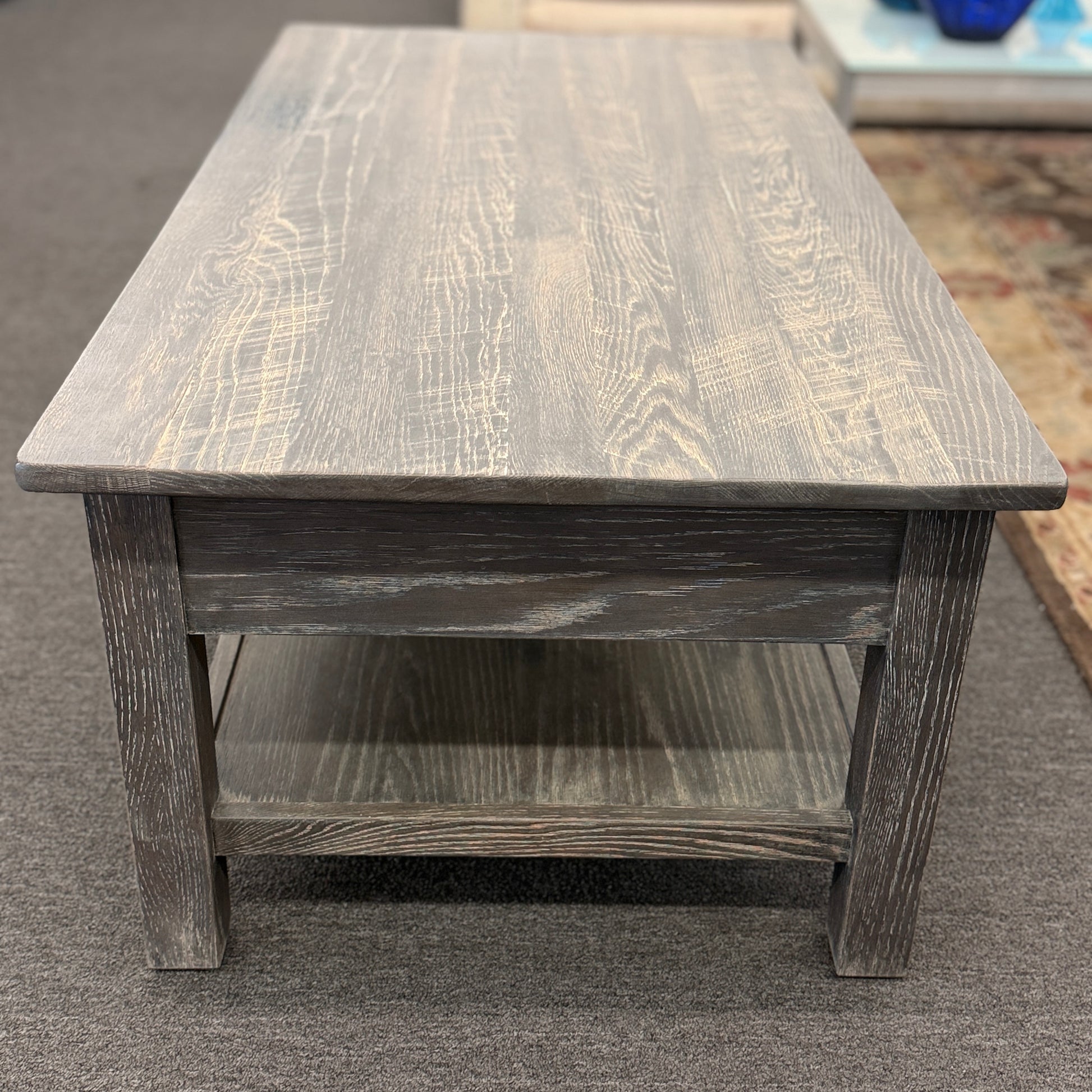 Ethan Allen rustic farmhouse grey wood coffee table with two drawers and lower display shelf at 2nd Debut Houston consignment showroom