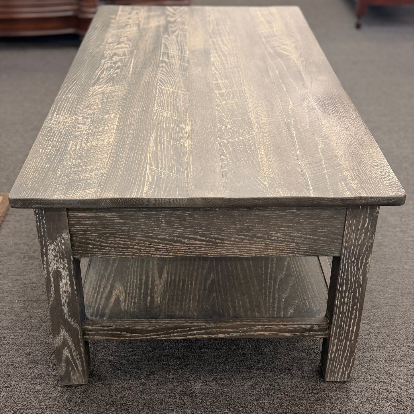 Ethan Allen rustic farmhouse grey wood coffee table with two drawers and lower display shelf at 2nd Debut Houston consignment showroom