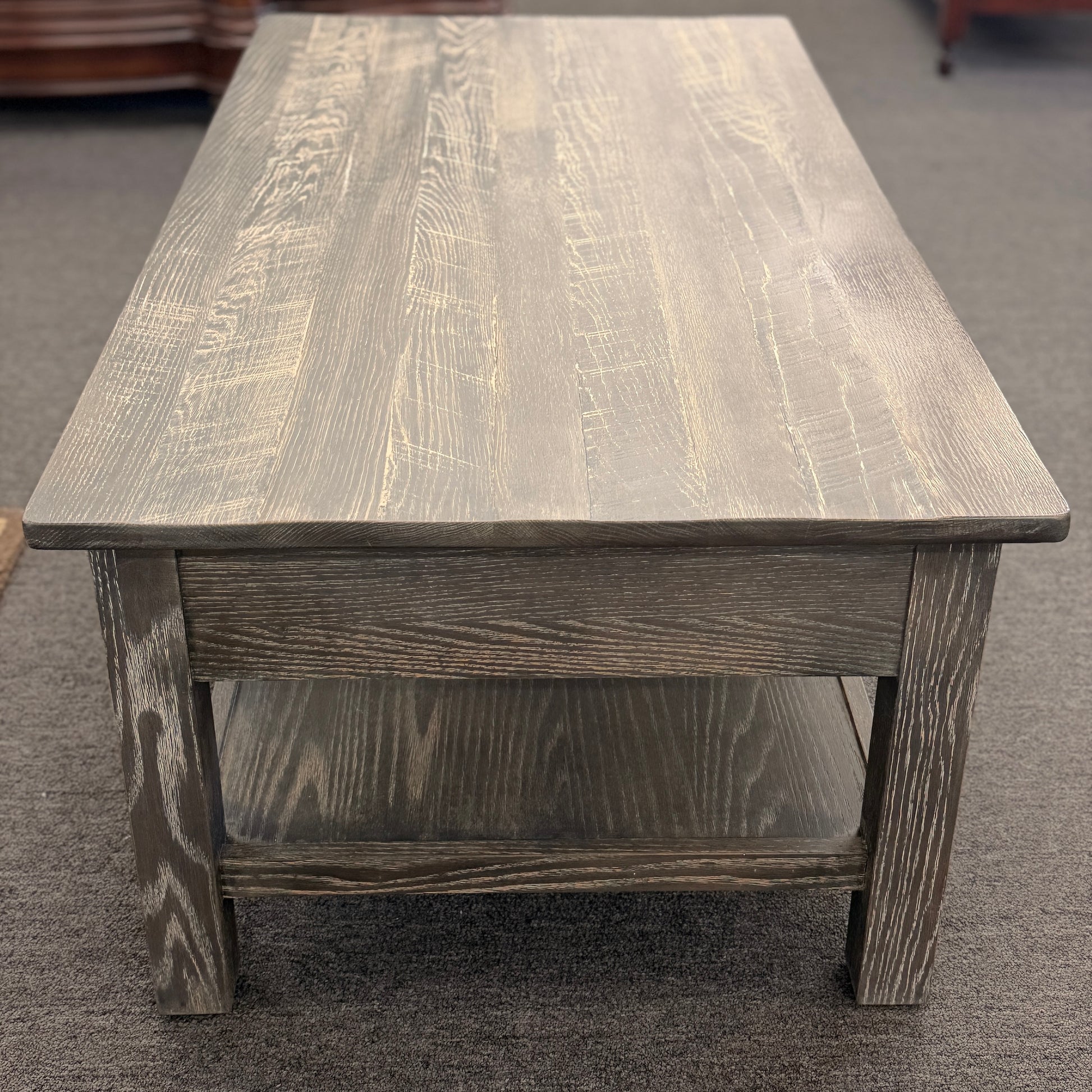 Ethan Allen rustic farmhouse grey wood coffee table with two drawers and lower display shelf at 2nd Debut Houston consignment showroom
