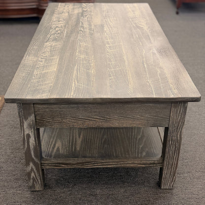 Ethan Allen rustic farmhouse grey wood coffee table with two drawers and lower display shelf at 2nd Debut Houston consignment showroom