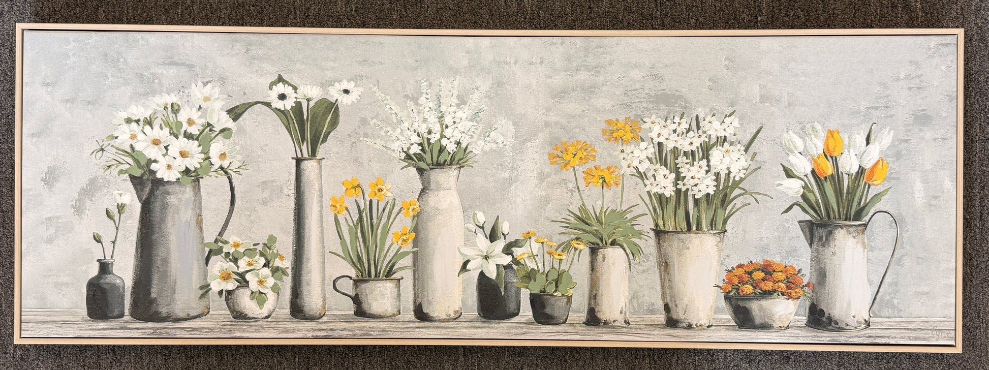 Modern farmhouse botanical framed canvas wall art featuring a row of potted flowers in rustic metal pitchers and pots at 2nd Debut Houston consignment showroom