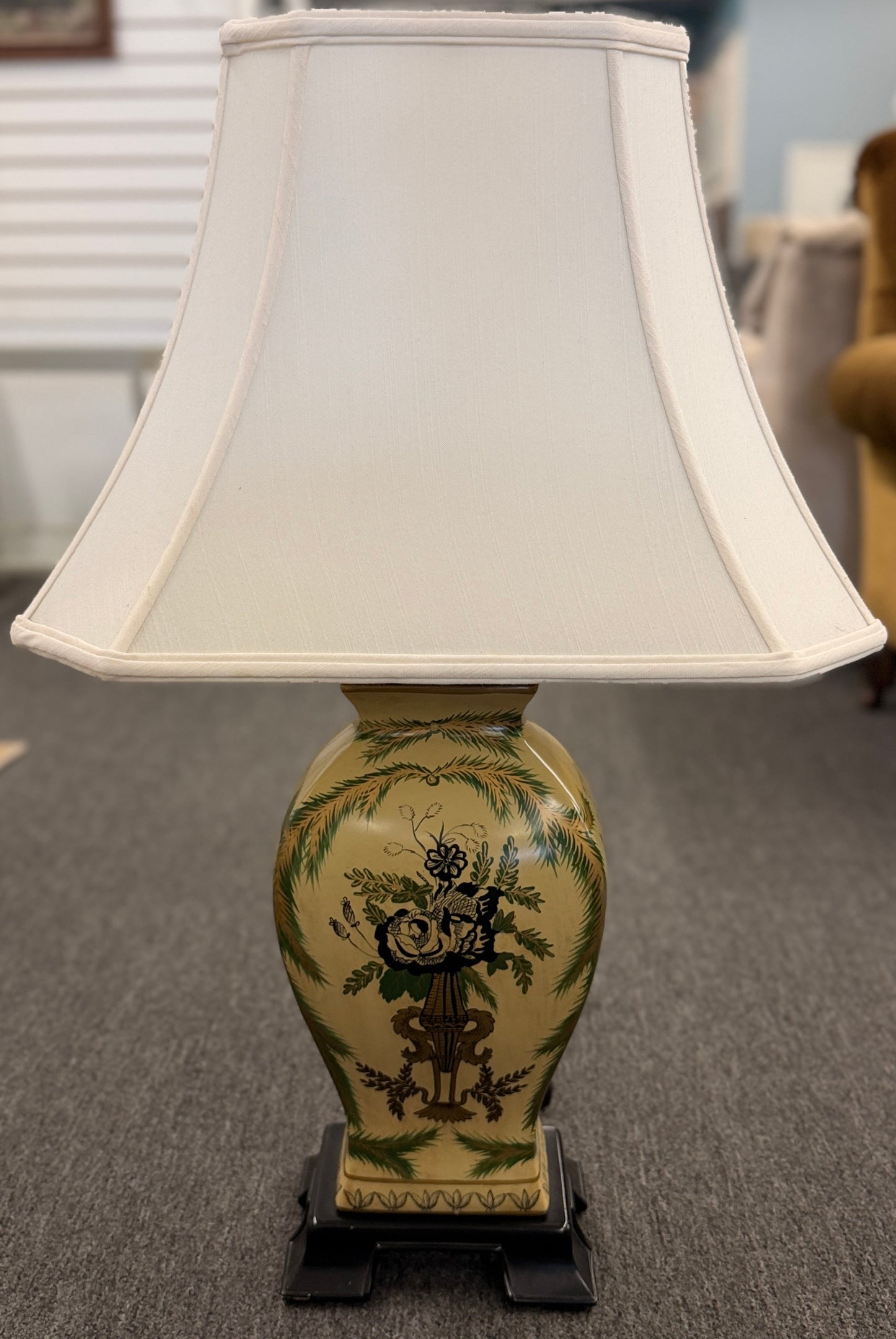 Traditional floral and palm ceramic ginger jar table lamp with ivory bell shade at 2nd Debut Houston consignment showroom