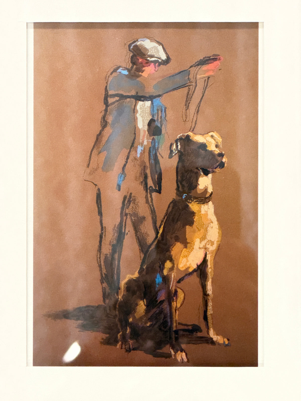 A framed print depicting a handler wearing a flat cap next to a seated Great Dane, featuring a wide white mat and dark wood frame in excellent condition.