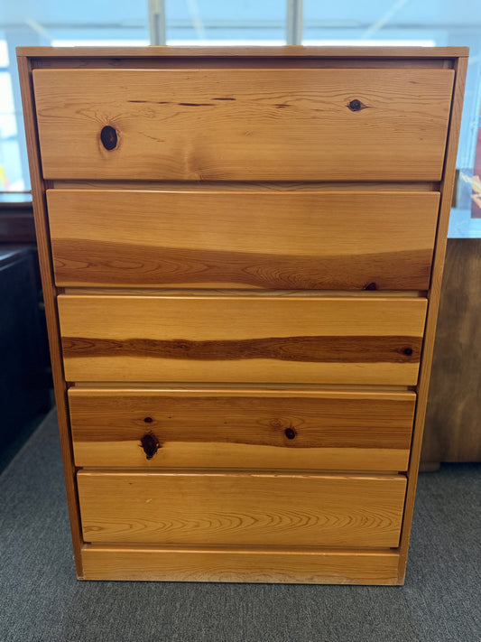 Contemporary live edge style natural wood 5 drawer chest with integrated groove pulls at 2nd Debut Houston consignment showroom