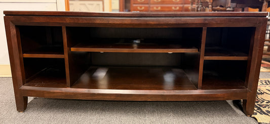 Contemporary low profile bowed front TV stand and media console with open shelving at 2nd Debut Houston consignment showroom