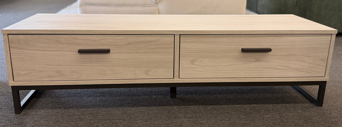 A contemporary, low-profile 53-inch TV stand with two wide drawers, sleek black bar pull handles, and a slim black metal base frame.