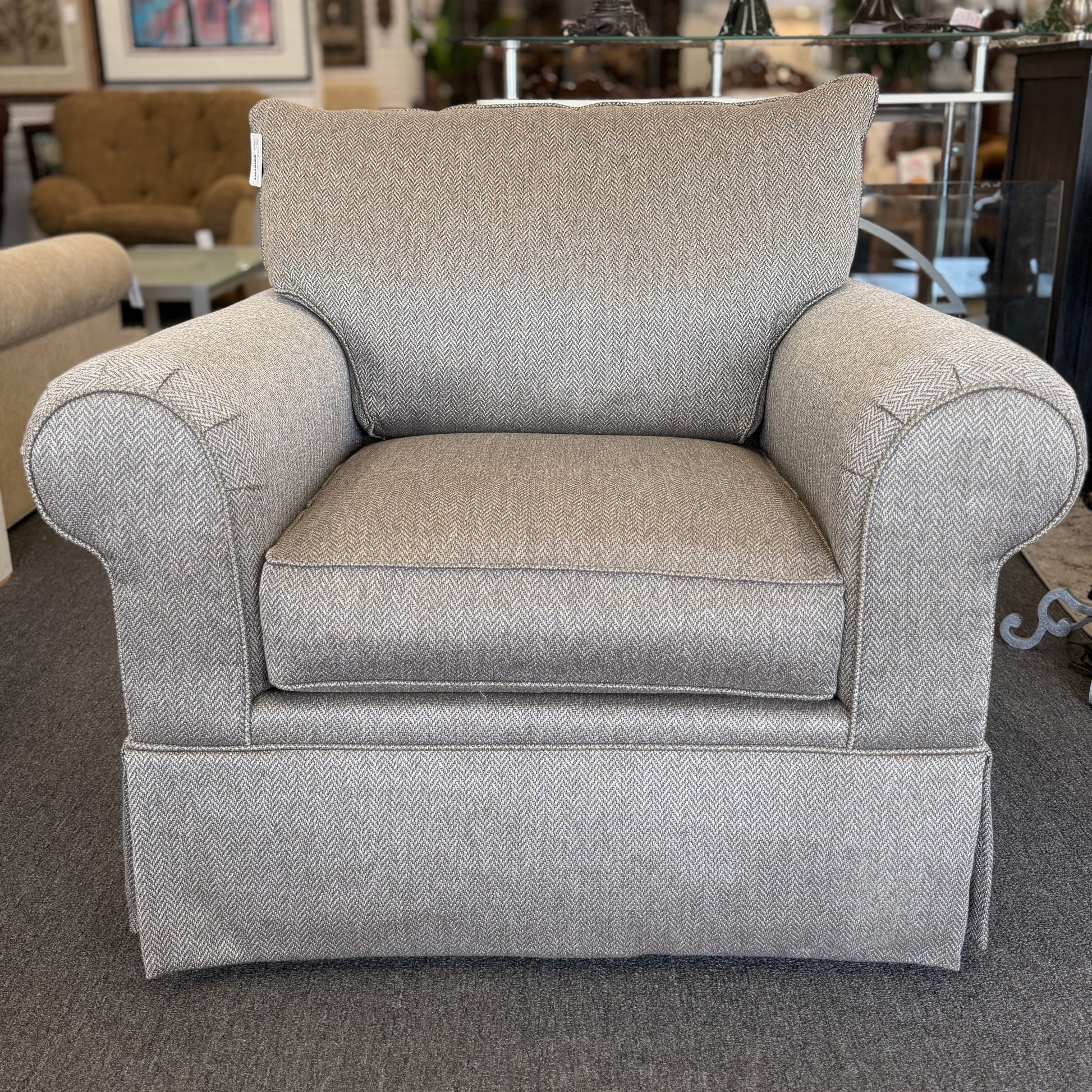 Traditional oversized rolled arm club chair featuring a pleated skirt accent in gray upholstery fabric at 2nd Debut Houston consignment showroom