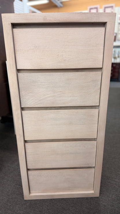 A Pottery Barn light cerused oak 5-drawer lingerie chest featuring handle-less recessed drawer fronts in excellent condition.