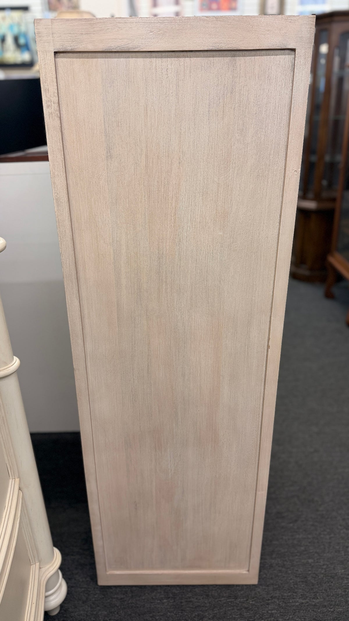 A Pottery Barn light cerused oak 5-drawer lingerie chest featuring handle-less recessed drawer fronts in excellent condition.