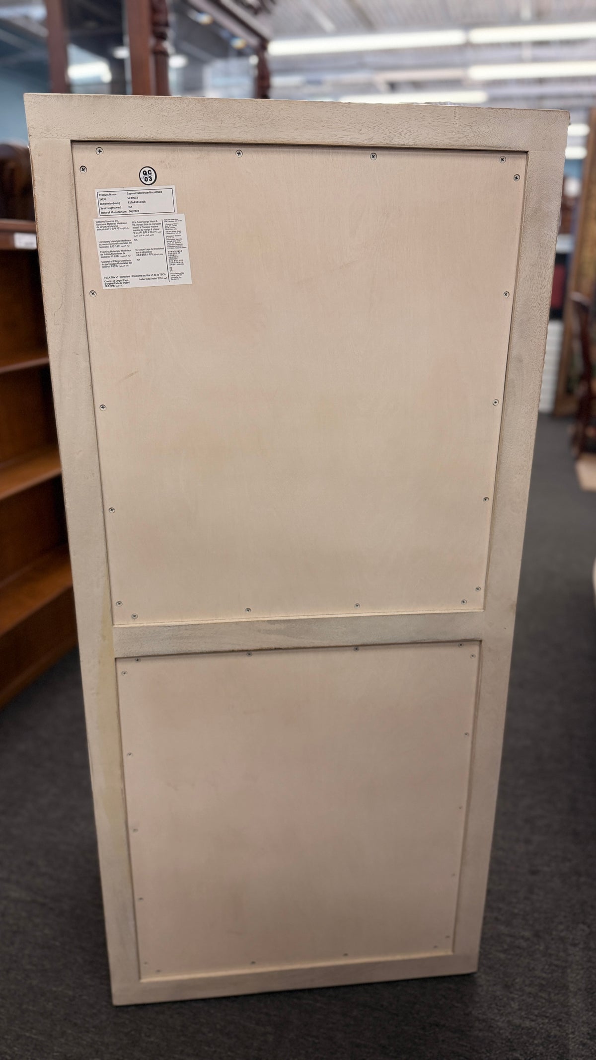 A Pottery Barn light cerused oak 5-drawer lingerie chest featuring handle-less recessed drawer fronts in excellent condition.