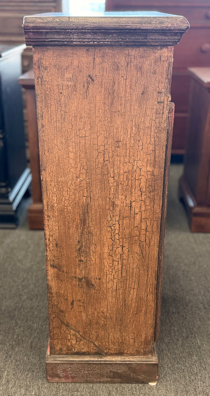 Rustic distressed crackle accent cabinet with wrought iron scrolled grille door at 2nd Debut Houston consignment showroom