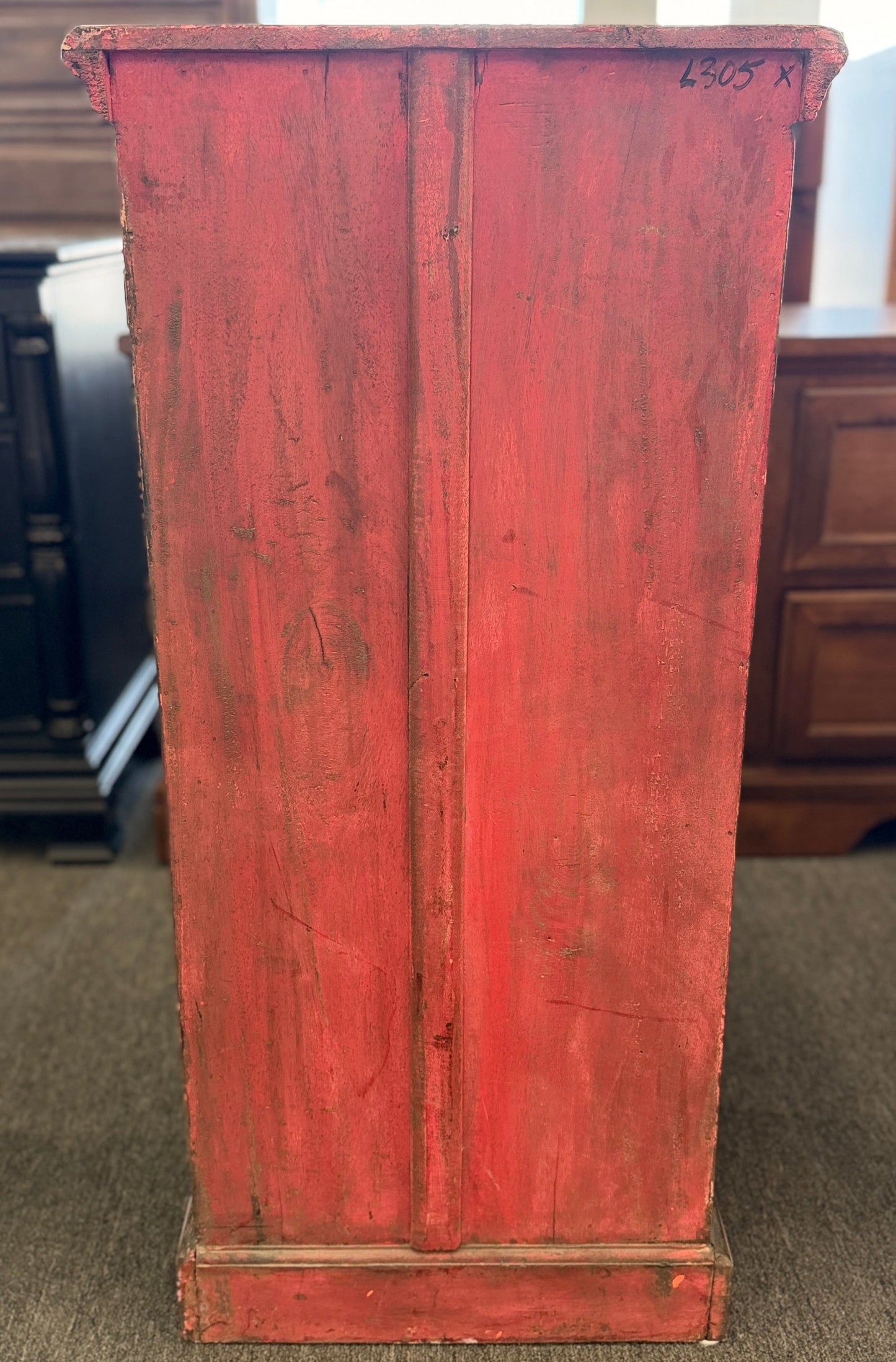 Rustic distressed crackle accent cabinet with wrought iron scrolled grille door at 2nd Debut Houston consignment showroom