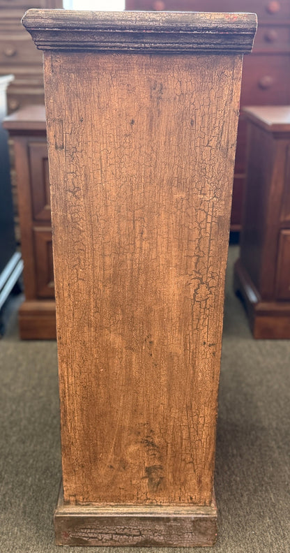 Rustic distressed crackle accent cabinet with wrought iron scrolled grille door at 2nd Debut Houston consignment showroom