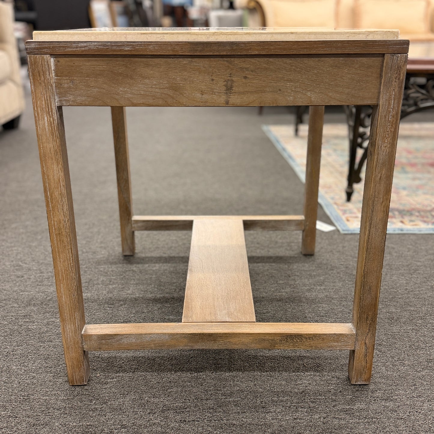 Square end table featuring a thick light-colored stone top, distressed wood frame, and a lower crossbar shelf with rustic styling.