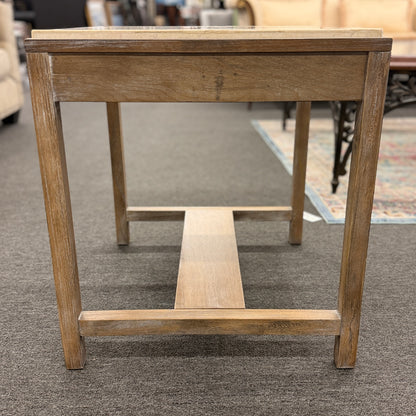 Square end table featuring a thick light-colored stone top, distressed wood frame, and a lower crossbar shelf with rustic styling.