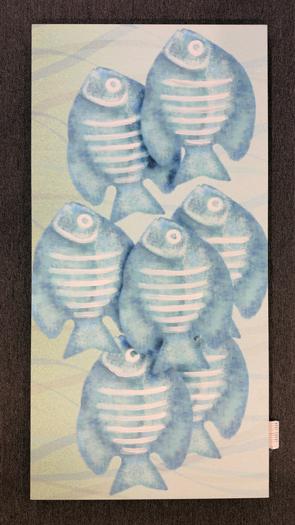A vertical rectangular canvas painting depicting stylized light blue fish with white horizontal stripes on a pale blue and yellow wavy background.
