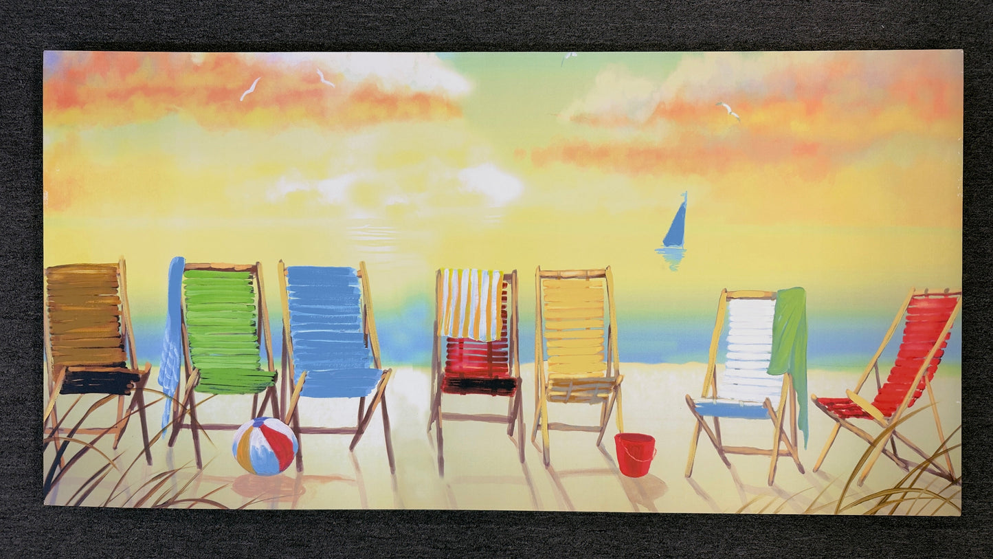 A wide horizontal canvas painting illustrating a vibrant row of empty beach chairs on the sand facing a pastel-colored ocean sunset.